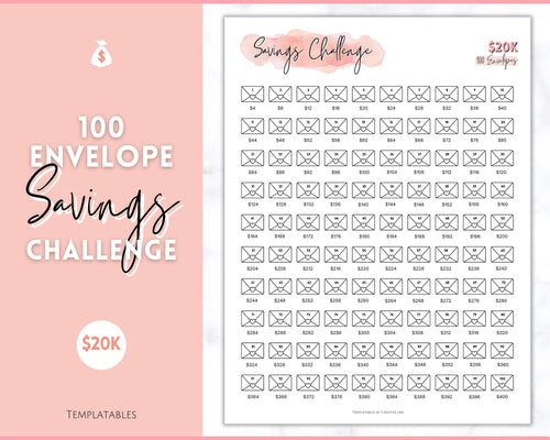 20k 100 Envelope Challenge Printable, 20000 Savings Tracker, 100 Day Challenge, Cash Envelopes, Money Saving, Save, Budget Envelope, Finance, 20000 | Pink Scrawl