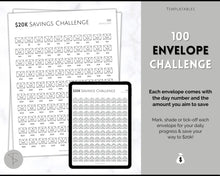 Load image into Gallery viewer, 20k 100 Envelope Challenge Printable, 20000 Savings Tracker, 100 Day Challenge, Cash Envelopes, Money Saving, Save, Budget Envelope, Finance | Mono
