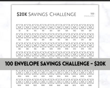 Load image into Gallery viewer, 20k 100 Envelope Challenge Printable, 20000 Savings Tracker, 100 Day Challenge, Cash Envelopes, Money Saving, Save, Budget Envelope, Finance | Mono
