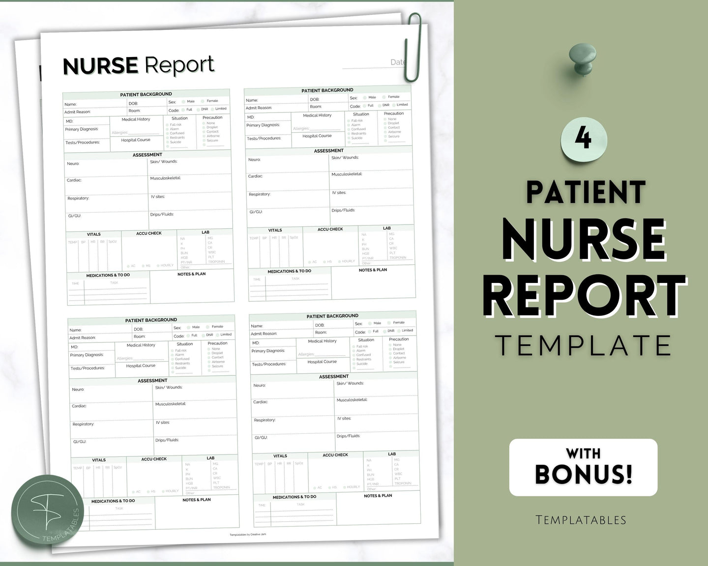 4 Patient Nurse Report Sheet to Organize your Shifts | Nurse Brain Sheet, ICU Nurse Report Patient Assessment Template | Green