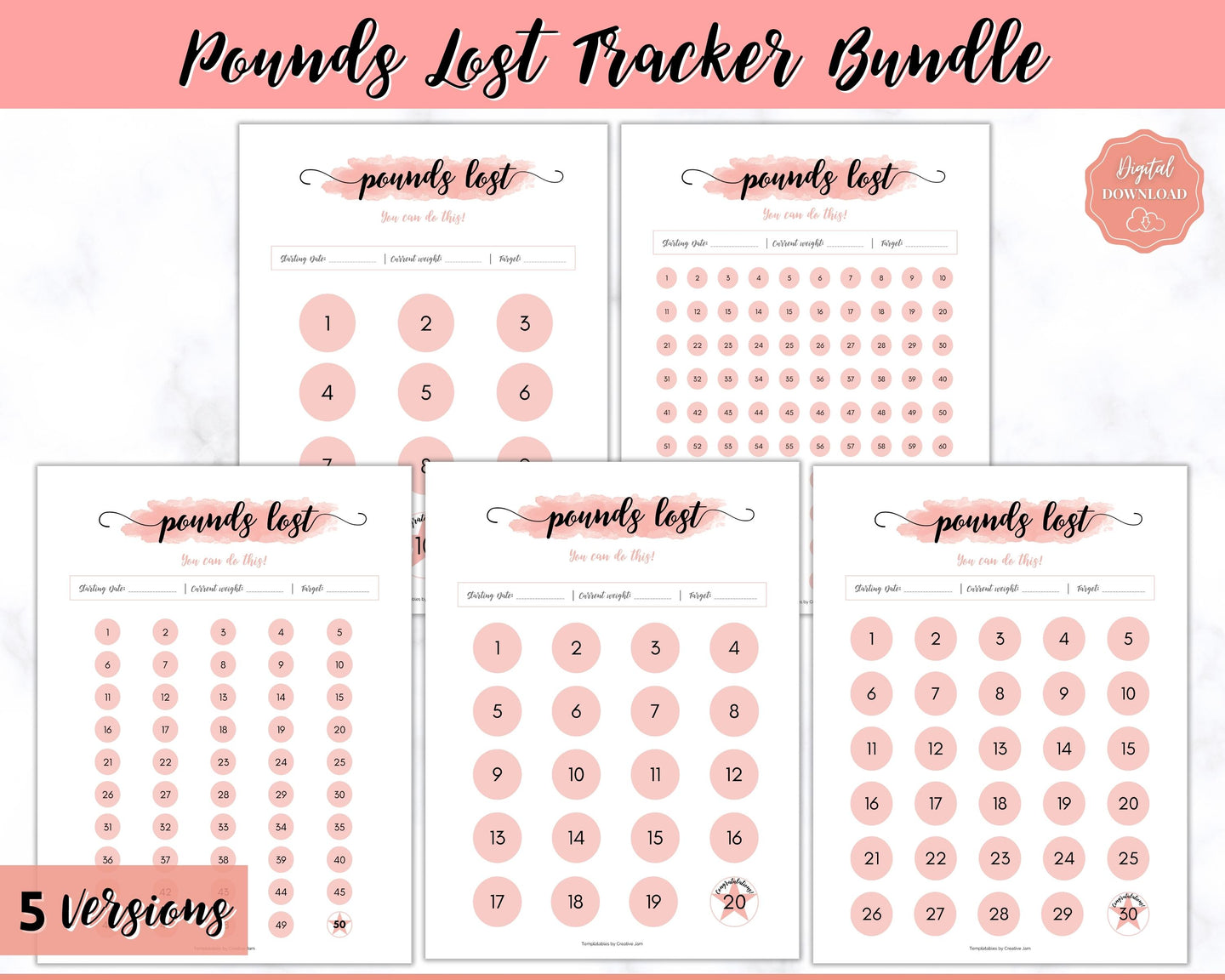 Pounds Lost Tracker Bundle - 10 20, 30, 50, 100 lbs Printable Weight Loss Printables | Pink Watercolor