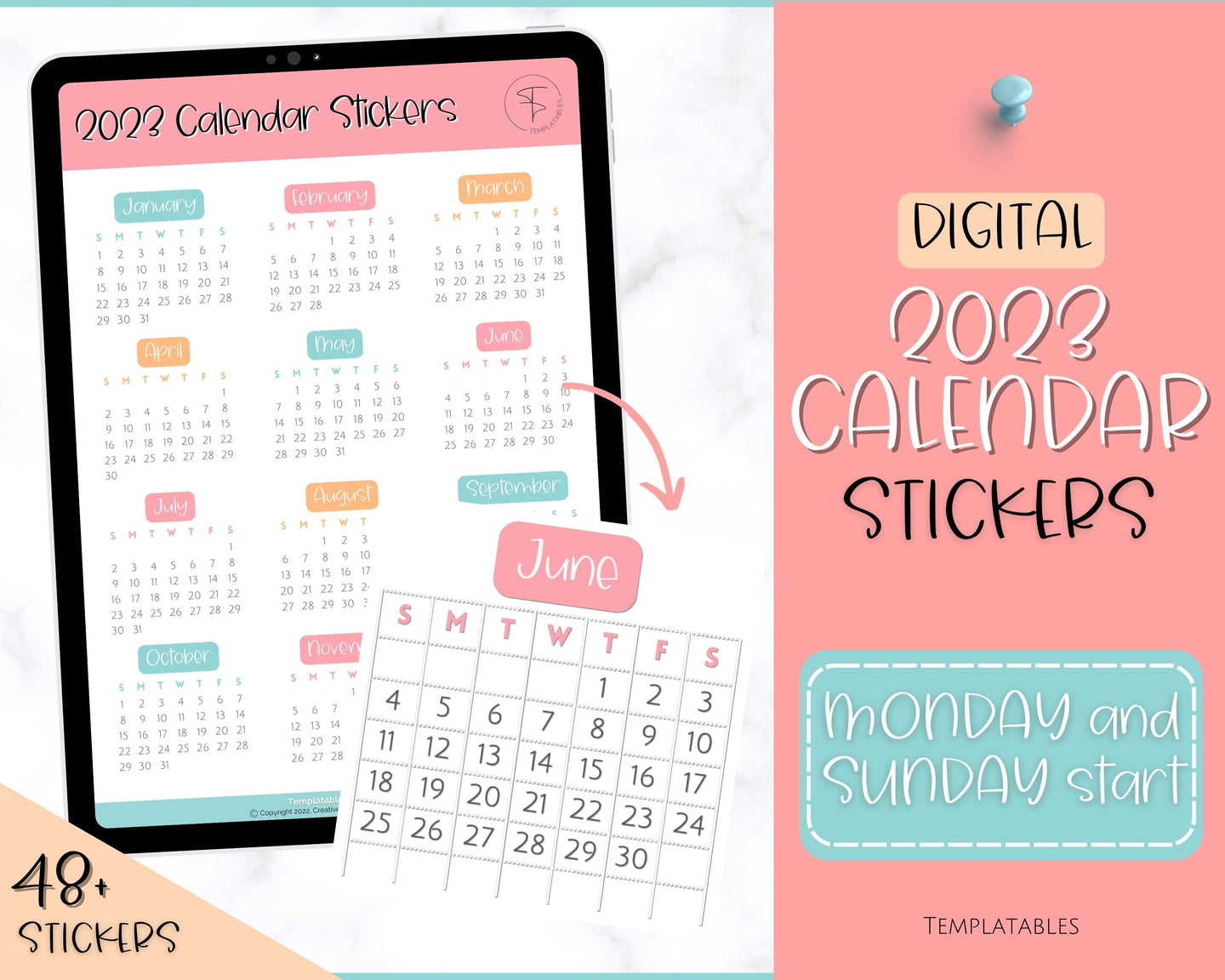 2023 Digital Calendar Stickers for iPad | GoodNotes & Notability Sticky Notes, Mini Calendar Digital Planner Stickers, Transparent PNGs | Colorful Sky
