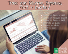 Load image into Gallery viewer, Small Business Bookkeeping Spreadsheet | Google Sheets Automated Business Expense Tracker &amp; Product Invetory Tracker | Brown
