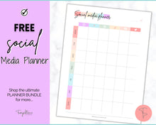 Load image into Gallery viewer, FREE - Social Media Planner Printable for Marketing | Weekly Tracker for Instagram, YouTube, Facebook, Pinterest &amp; Blogs | Pastel Rainbow
