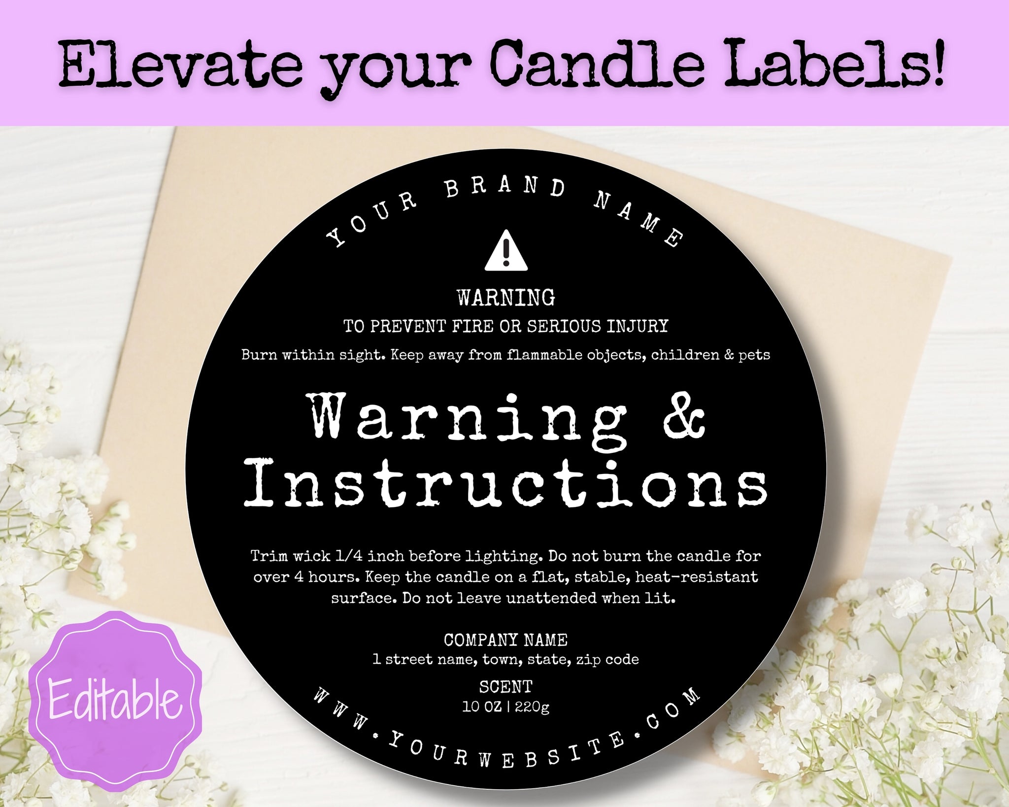EDITABLE Candle Warning Label Template Type EDITABLE Candle Warning Label Template Type
