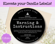 Load image into Gallery viewer, EDITABLE Candle Warning Label Template | Candle Care &amp; Fire Safety Instructions, Round Packaging Label Care Card, Candle Maker Seller | Type
