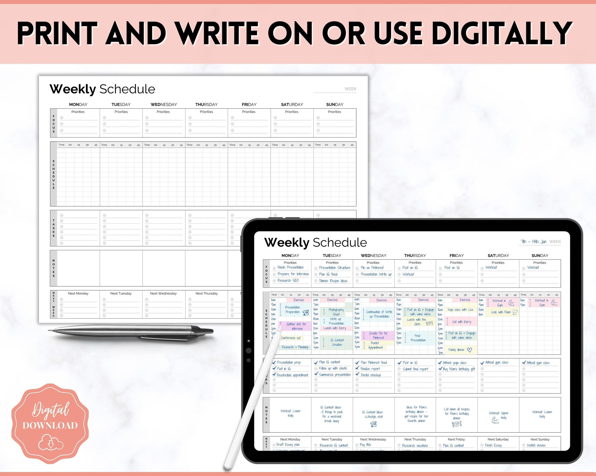 15 Minute Weekly Planner Schedule | Daily Hourly Planner Organizer