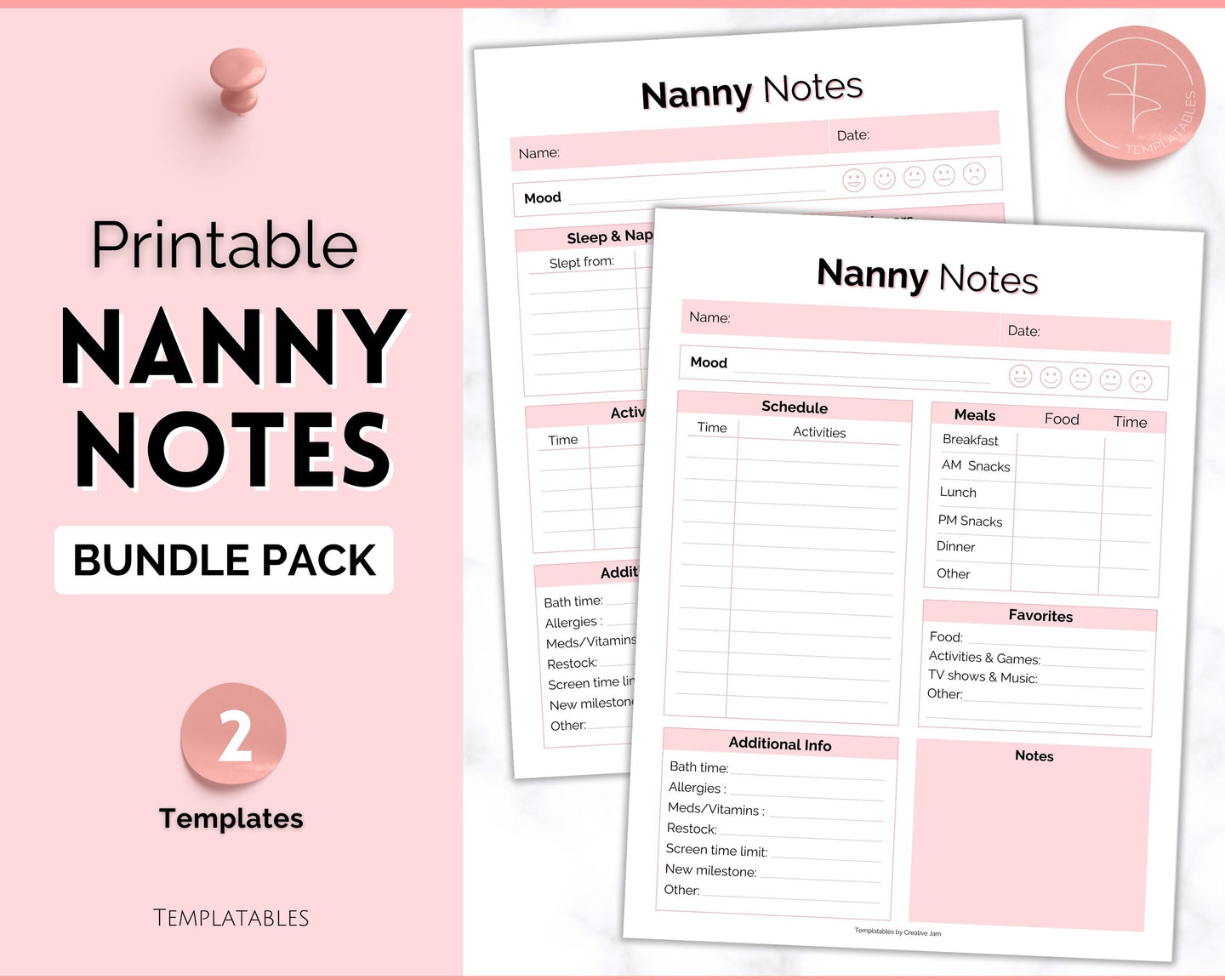 Nanny Schedule, Notes & Report Template for Baby | Babysitter Info Hiring Guide, Nanny Checklist & Planner, Baby Daily Log | Pink