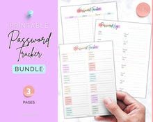 Load image into Gallery viewer, Password Tracker BUNDLE | 3 Printable Password Log &amp; Organizers, Password Keeper, Password Manager | Pastel Rainbow
