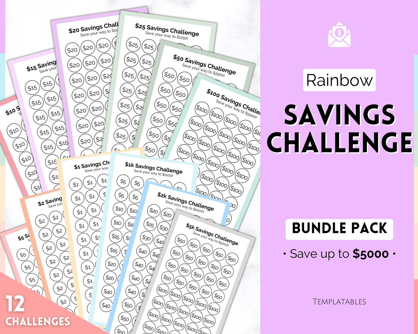 Mini Savings Challenge Printable BUNDLE | 12 Saving Trackers, Cash Envelope, A6 Saving Challenges | Pastel Rainbow