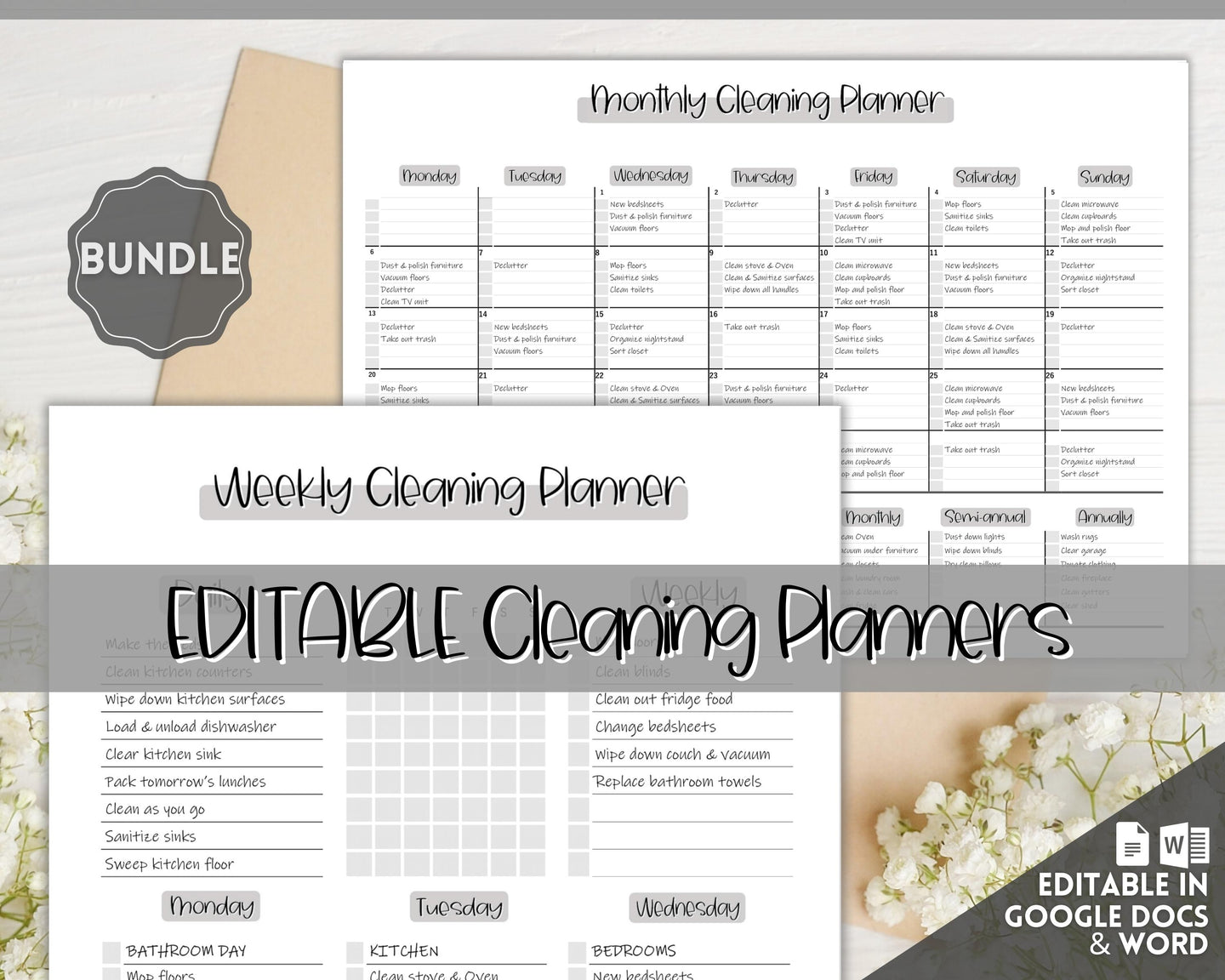 EDITABLE Cleaning Planner, Cleaning Checklist & Cleaning Schedule | Weekly House Chores, Clean Home Routine, Monthly Cleaning List | Mono Sky