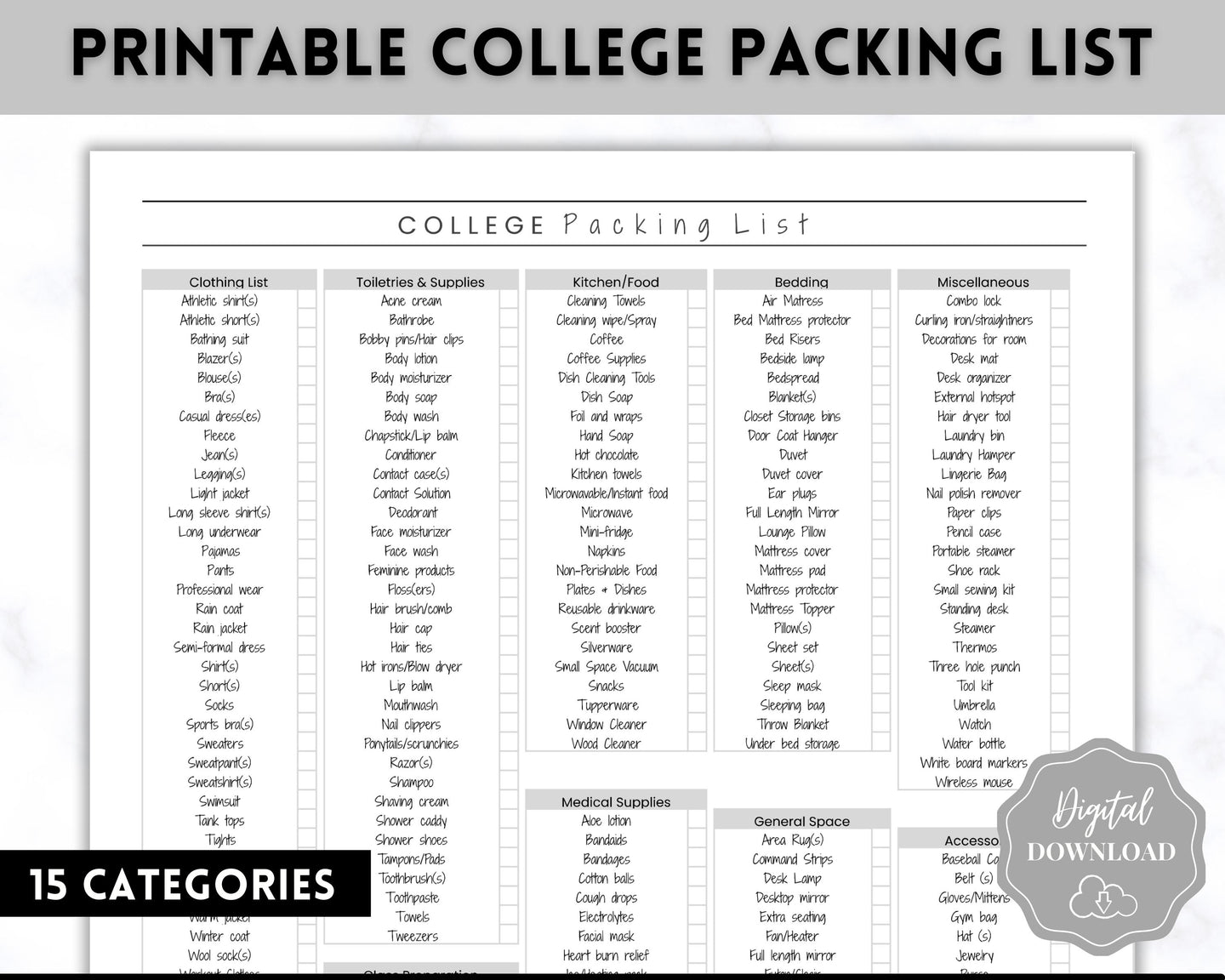 College Packing List Printable | Back to School Moving Checklist for Students, Google Sheets | Mono