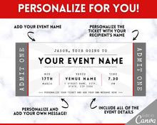 Load image into Gallery viewer, EDITABLE Event Ticket Gift Template | DIY Templates for Concerts, Theatre Shows, Surprise Gifts &amp; Special Occassions | Mono
