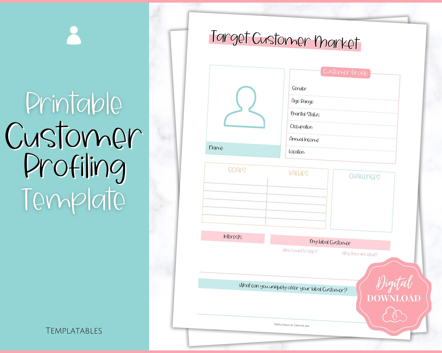 Target Audience Customer Market Template | Customer Avatar Market Research Worksheet, Ideal Client Buyer Persona Profile | Colorful Sky