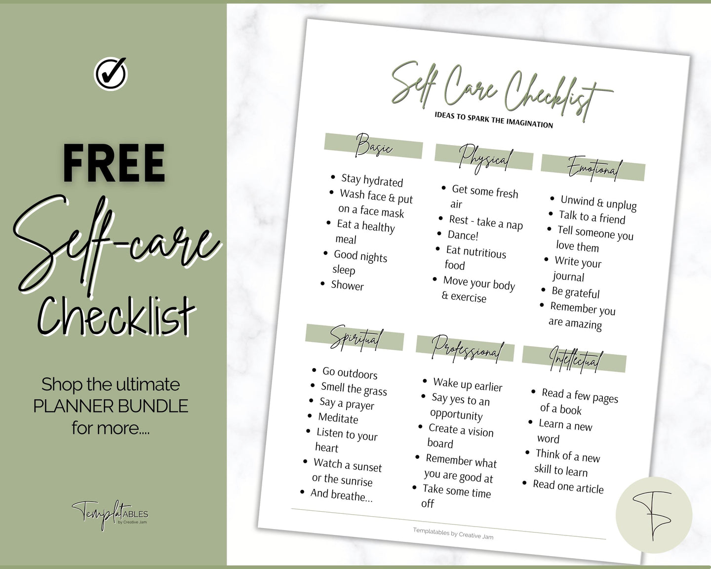 FREE - Self Care Checklist, Self-Care Planner & Selfcare Journal Tracker | Wellness Planner, Daily Wellbeing, Mindfulness, Mental Health Kit | WC Scrawl Green