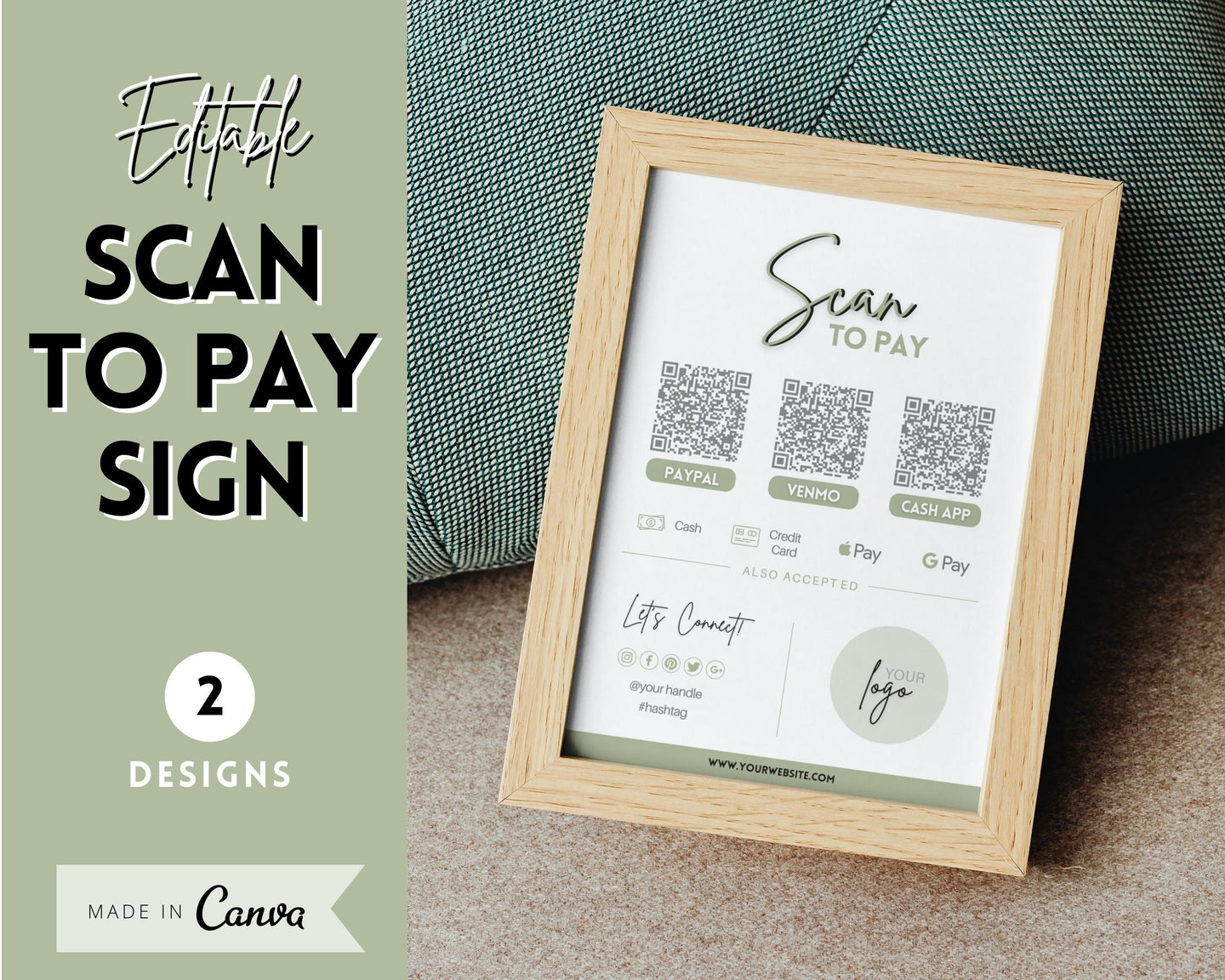 Scan to Pay Sign Shop Logo Editable Sign | QR Code Payment Sign for Small Businesses | Brit Green