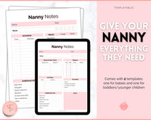 Load image into Gallery viewer, Nanny Schedule, Notes &amp; Report Template for Baby | Babysitter Info Hiring Guide, Nanny Checklist &amp; Planner, Baby Daily Log | Pink
