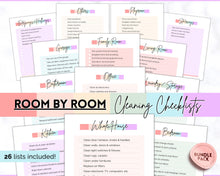 Load image into Gallery viewer, Cleaning Checklist, Printable Room by room Cleaning Cards | Family &amp; Kids Cleaning Schedule Planner &amp; Tracker | Pastel Rainbow
