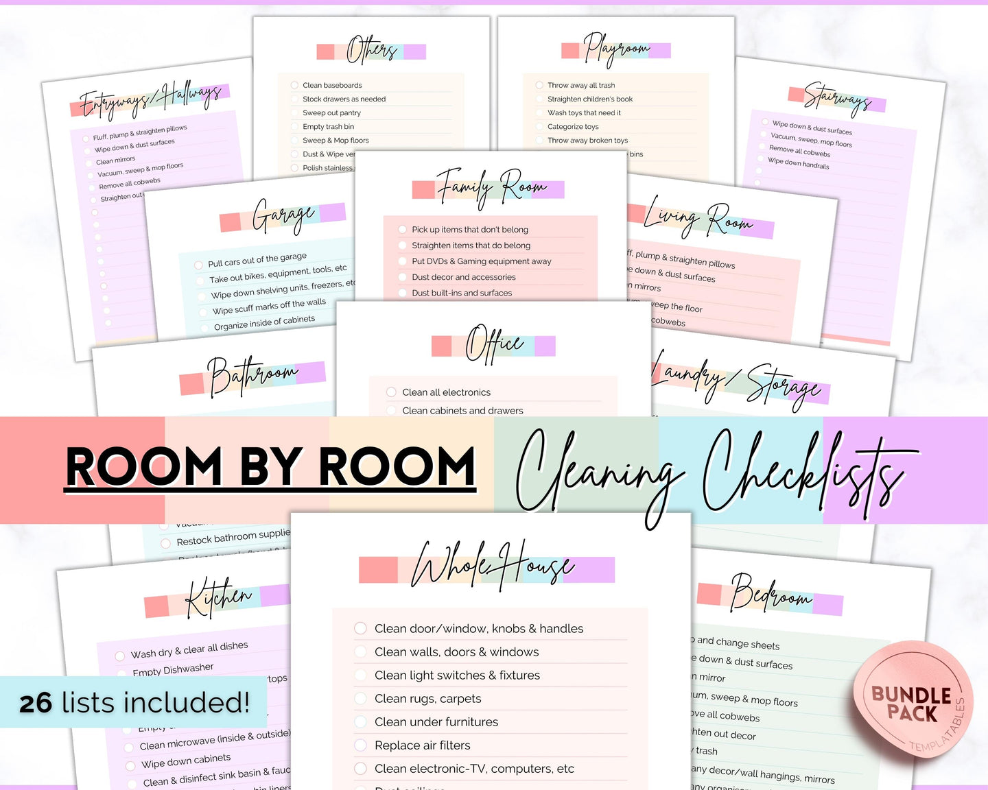Cleaning Checklist, Printable Room by room Cleaning Cards | Family & Kids Cleaning Schedule Planner & Tracker | Pastel Rainbow
