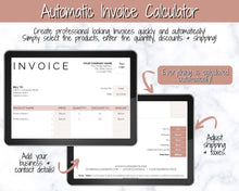 Load image into Gallery viewer, Small Business Bookkeeping Spreadsheet | Google Sheets Automated Business Expense Tracker &amp; Product Invetory Tracker | Brown
