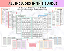 Load image into Gallery viewer, Mini Savings Challenge Printable BUNDLE | 12 Saving Trackers, Cash Envelope, A6 Saving Challenges | Pastel Rainbow
