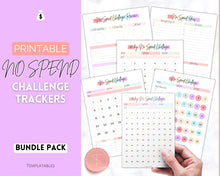 Load image into Gallery viewer, No Spend Challenge BUNDLE | Printable 30 day, 60 day, 90 day Savings Challenge &amp; Monthly Spending Tracker | Pastel Rainbow
