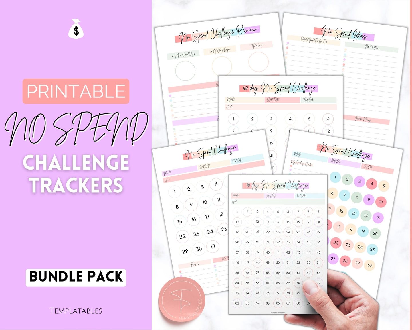 No Spend Challenge BUNDLE | Printable 30 day, 60 day, 90 day Savings Challenge & Monthly Spending Tracker | Pastel Rainbow