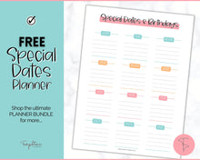 Load image into Gallery viewer, FREE - Special Dates Planner Printable, Annual Calendar, Birthday &amp; Anniversary Reminders, Undated | Colorful Sky
