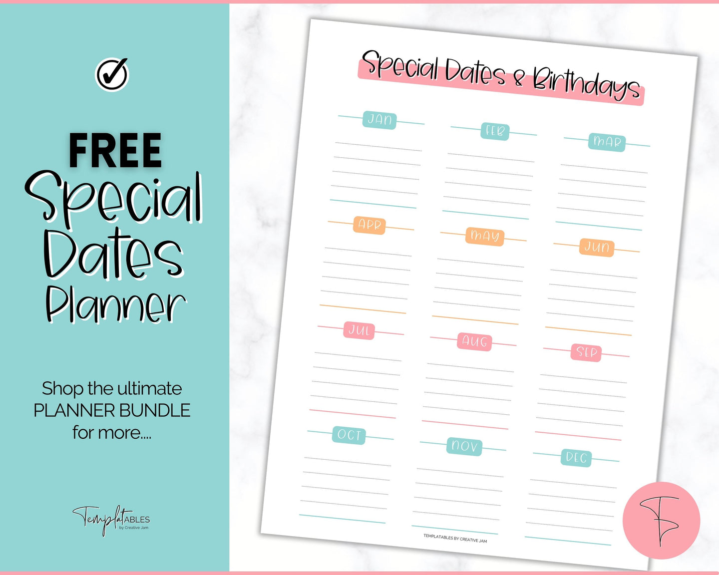 FREE - Special Dates Planner Printable, Annual Calendar, Birthday & Anniversary Reminders, Undated | Colorful Sky