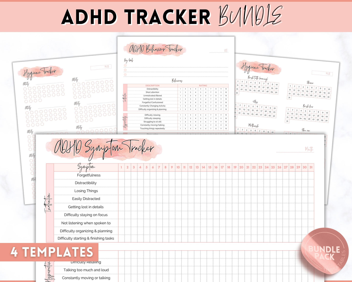 ADHD Symptom Tracker, Behavior & Hygiene Tracker BUNDLE | Pink Watercolor