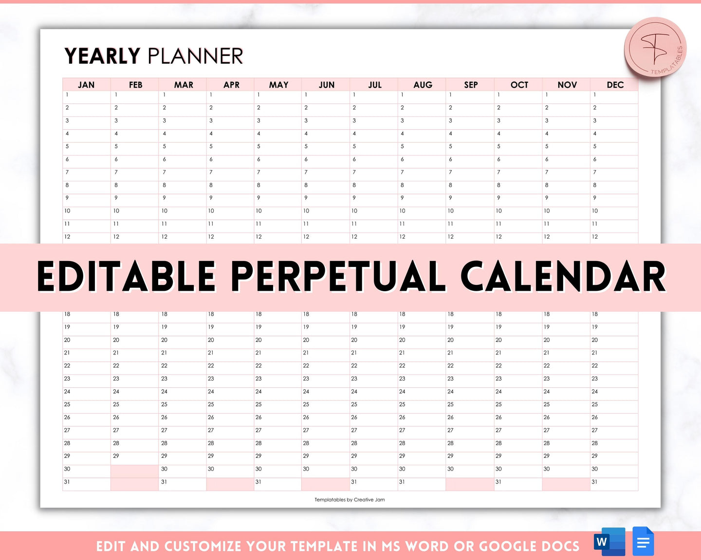 EDITABLE Perpetual Calendar | Undated Year at a Glance Reusable Calendar, Year Overview on One Page, Annual 12 Month Planner | Pink
