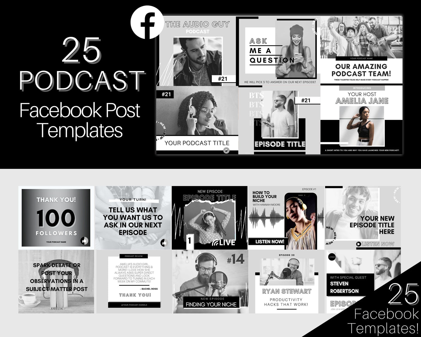 25 Podcast Facebook Post Templates. Editable Social Media Posts. Canva Template. Marketing Graphics Podcasters Podcasting Face book, Planner | Mono