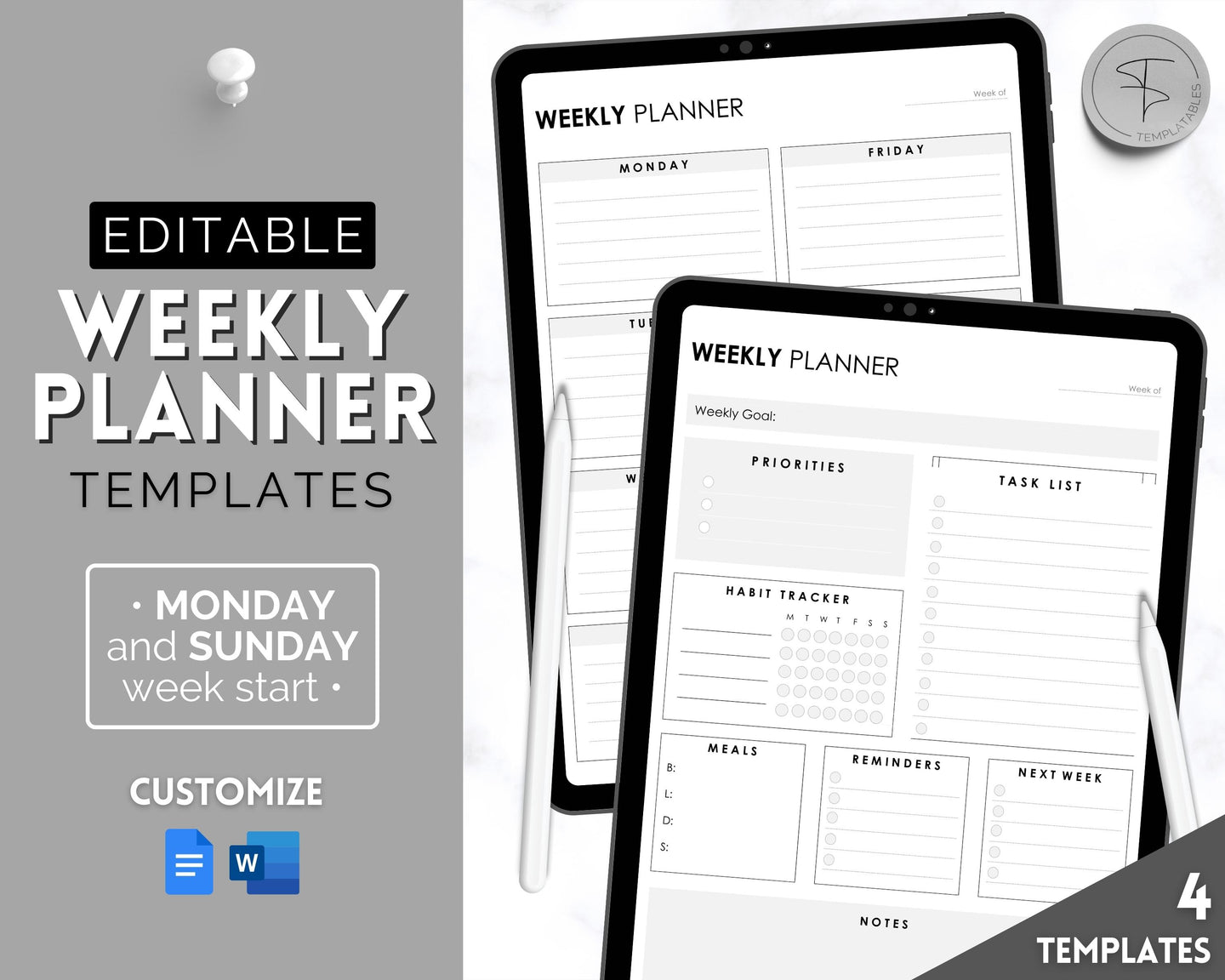 EDITABLE Weekly Planner 2 Page Templates | 2023 Weekly Schedule, To Do List Printable & Habit Tracker templates | Mono Style 2