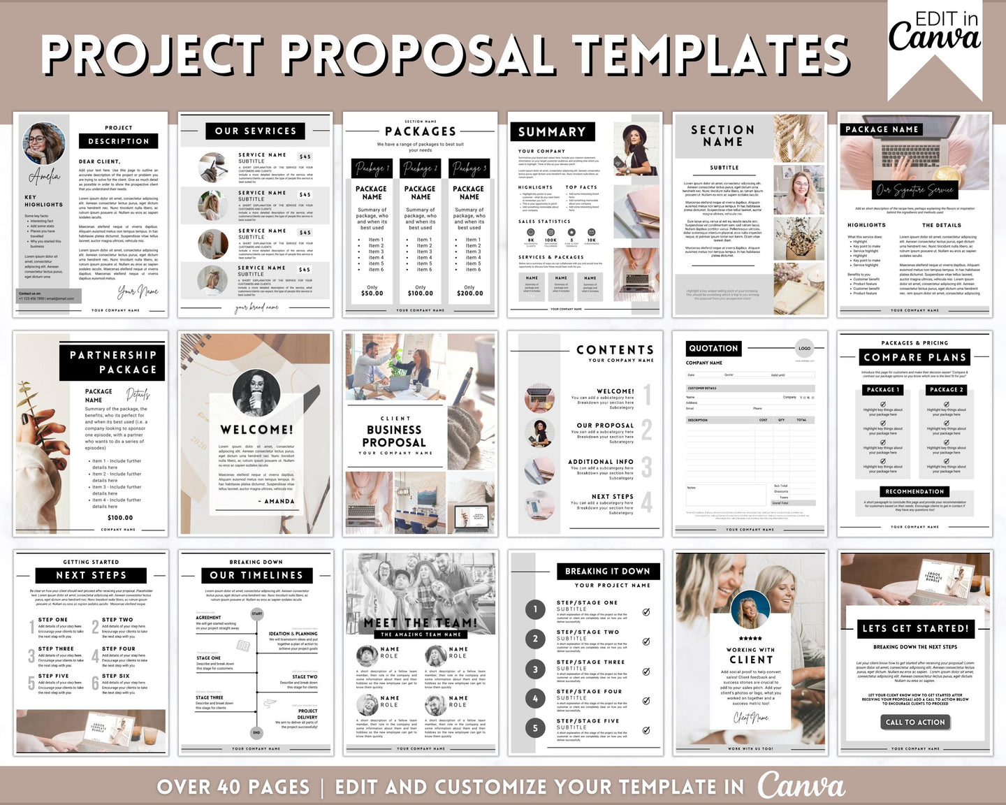 Business Project Proposal Template | 40 Editable Canva Templates for Pitch Decks, Quotes, Marketing Price Lists, Small Business Services