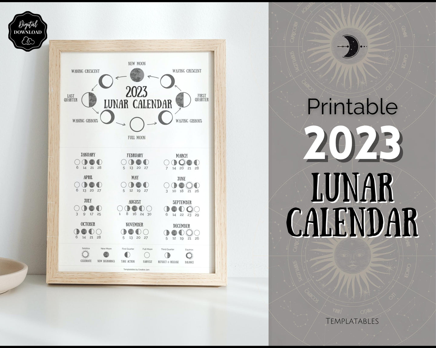 2023 Lunar Calendar Printable - Moon Phases Astrology Calendar Wall Art | Farmhouse