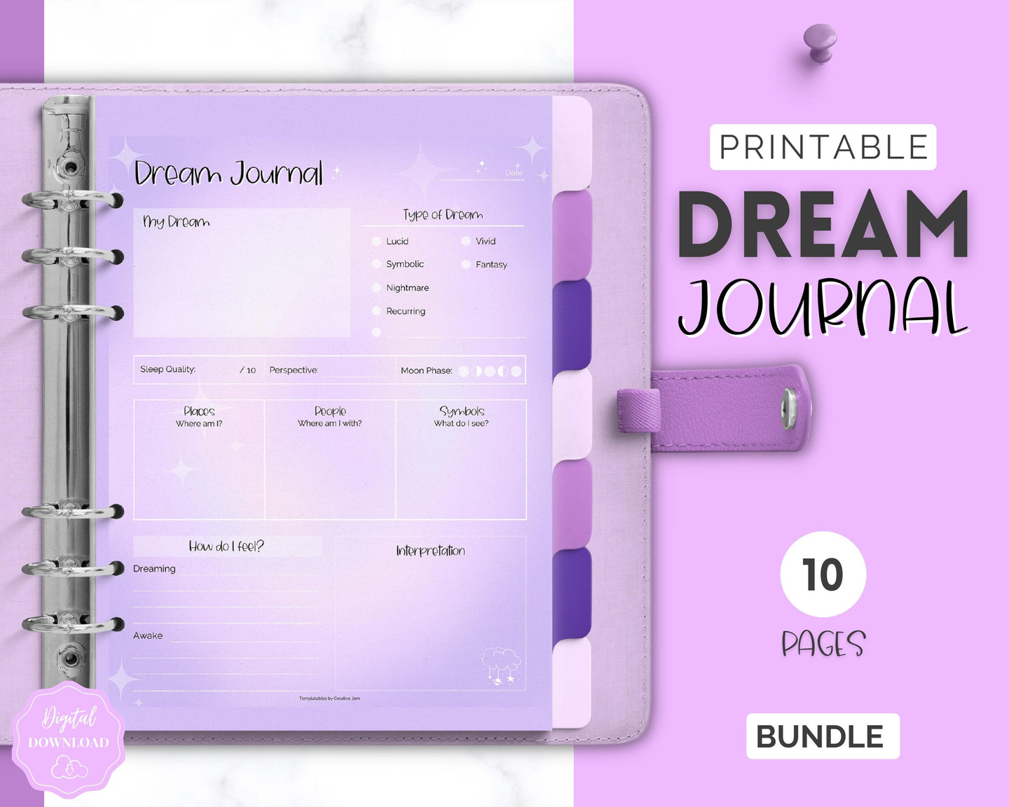 Dream Journal Printable BUNDLE | Dream Analysis, Dream Interpretation, Dream Tracker, Dream Diary & Sleep Tracker | Purple