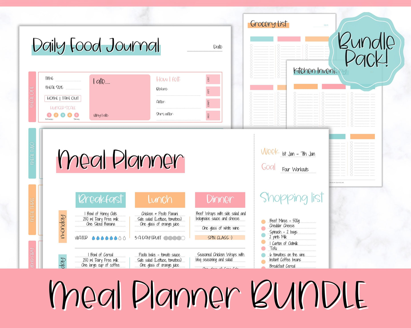 Colorful Meal Planner BUNDLE | Weekly Food Diary, Meal Tracker Printable, Daily Food Journal & Grocery List | Colorful Sky