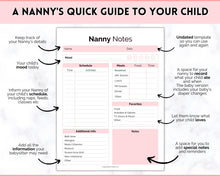 Load image into Gallery viewer, Nanny Schedule, Notes &amp; Report Template for Baby | Babysitter Info Hiring Guide, Nanny Checklist &amp; Planner, Baby Daily Log | Pink
