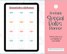 Load image into Gallery viewer, FREE - Special Dates Planner Printable, Annual Calendar, Birthday &amp; Anniversary Reminders, Undated | Colorful Sky
