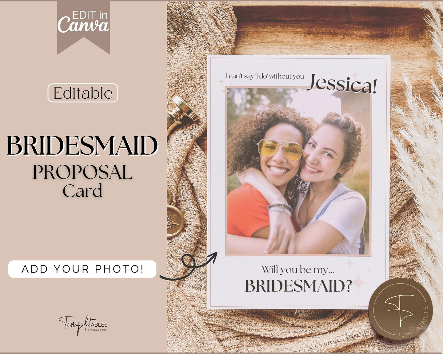 Bridesmaid Proposal Card EDITABLE Template | Add your PHOTO to your Bridesmaid Invite, Bridal Maid of Honor Template | Style 3
