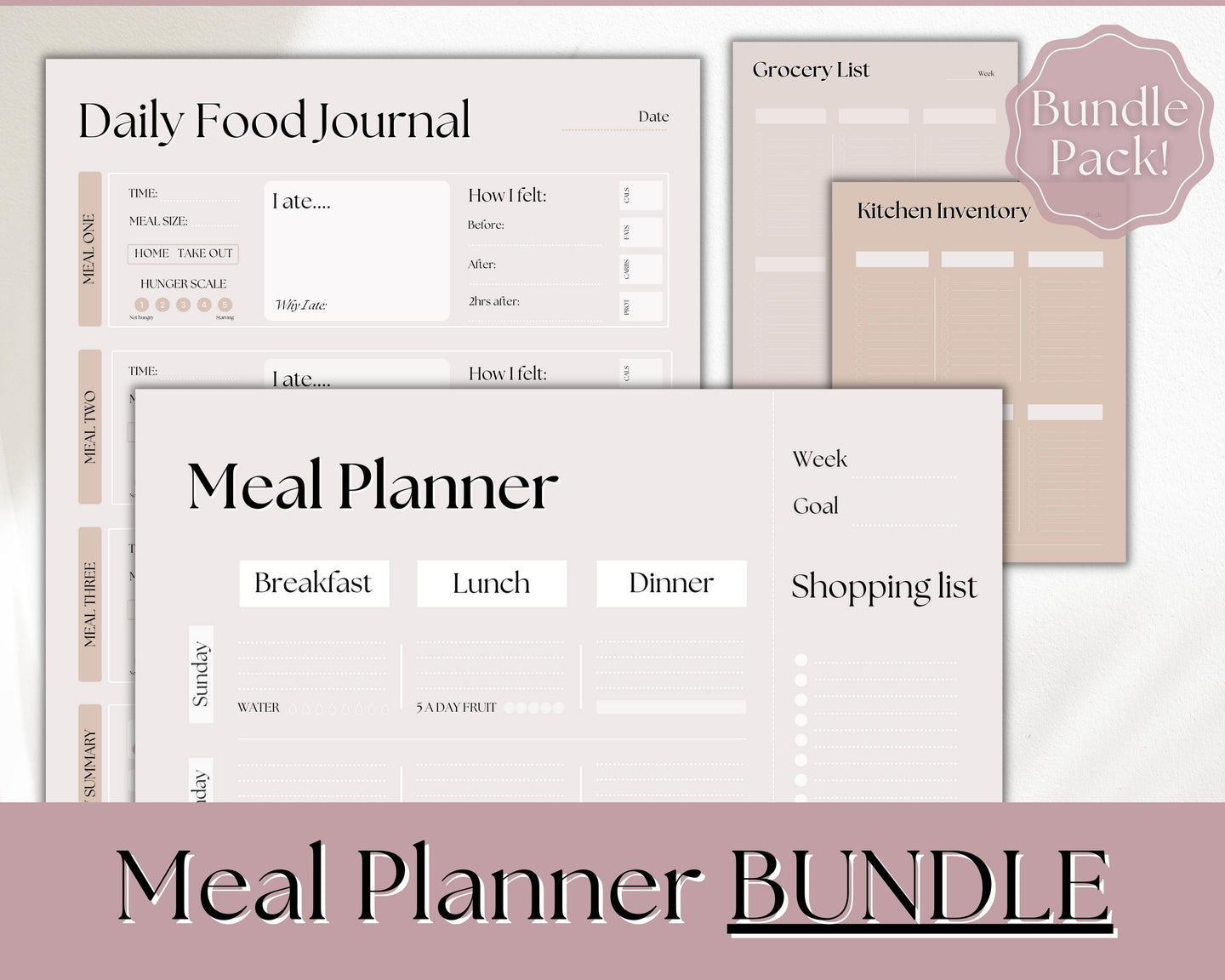 Boho Meal Planner BUNDLE | Weekly Food Diary, Meal Tracker Printable & Daily Food Journal | Lux