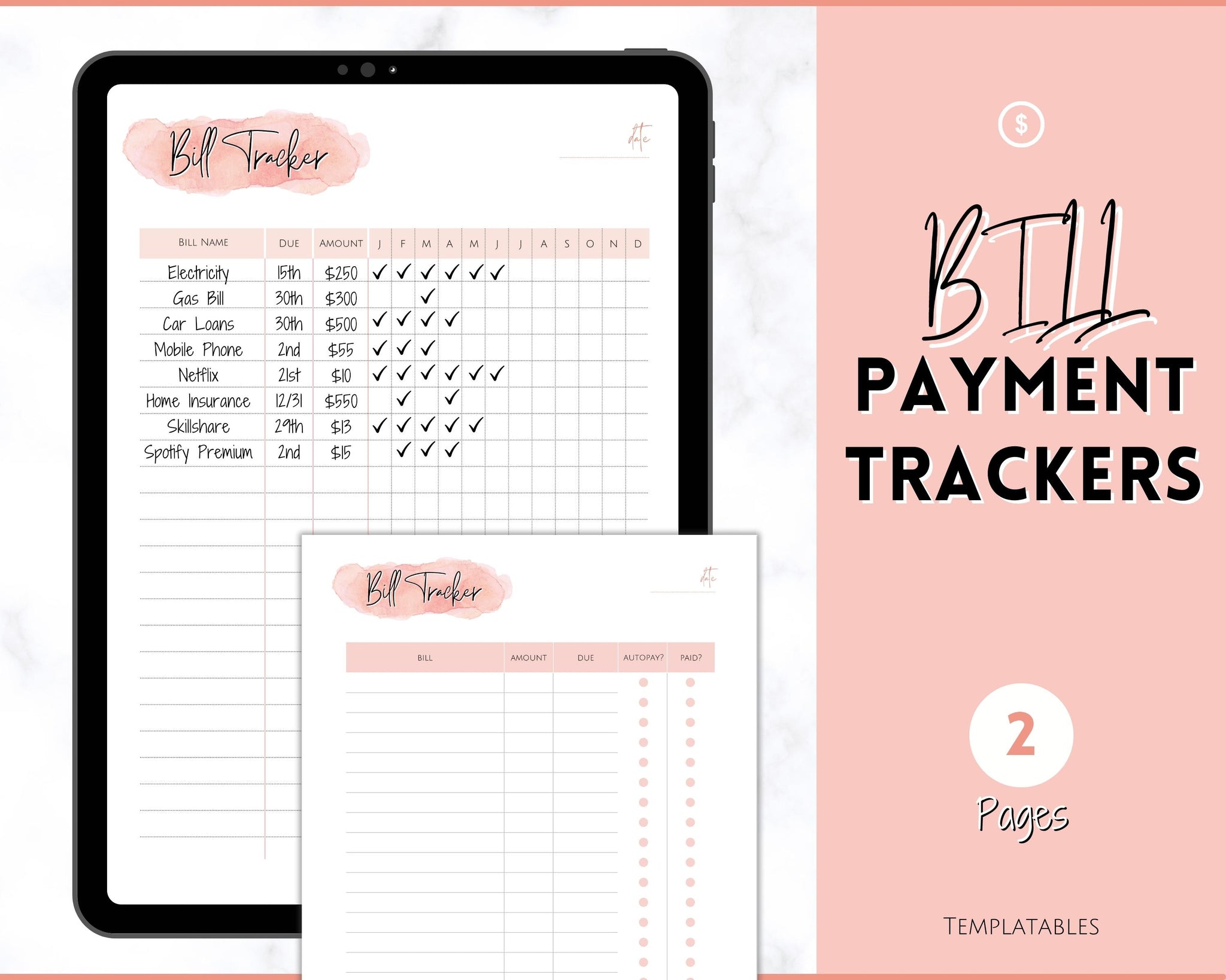 Monthly Bill Tracker Printable Digital Bill Organizer Bill Payment Budget  Planner 