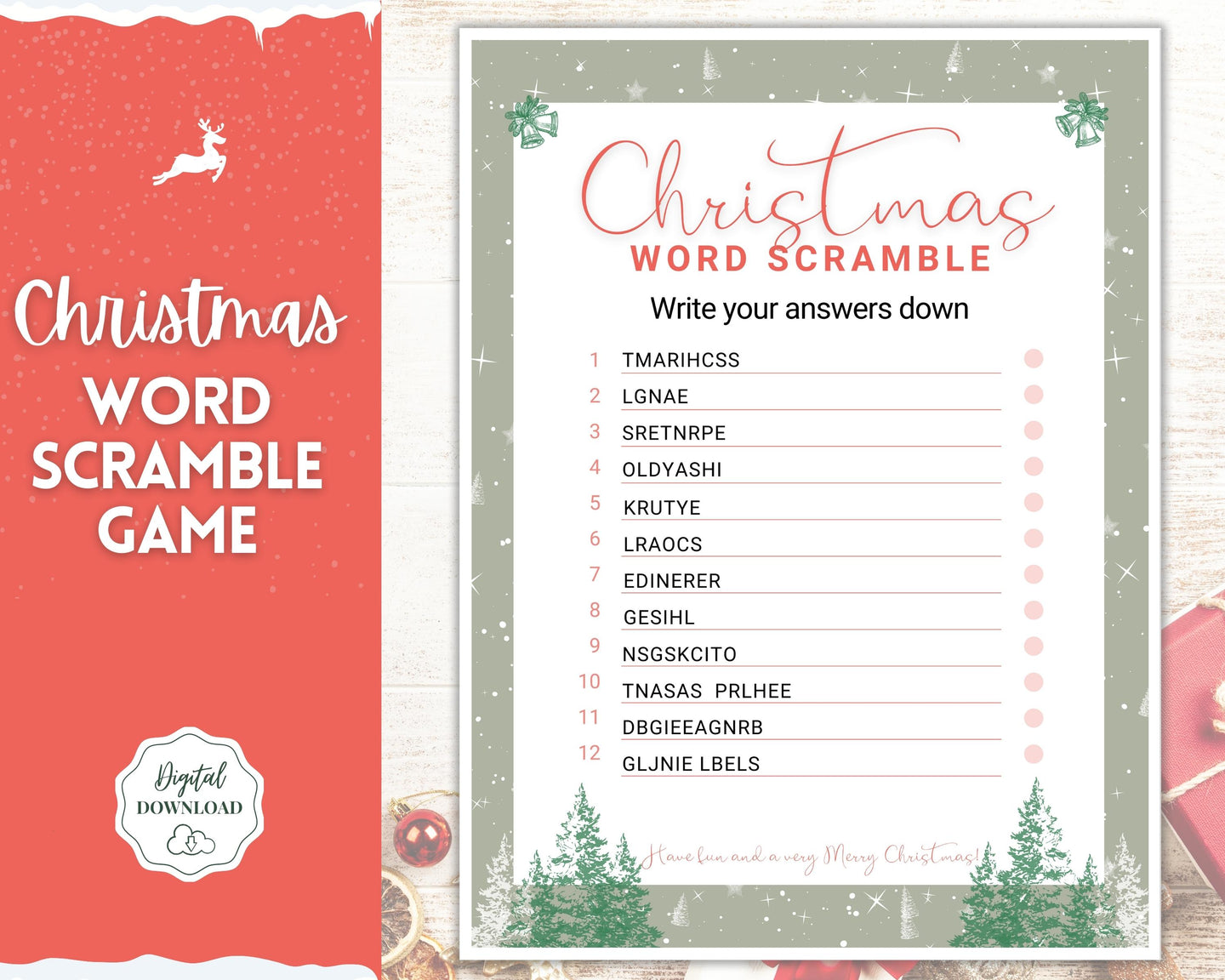 Christmas Word Scramble Game | Holiday Xmas Party Game Printables for the Family | Green