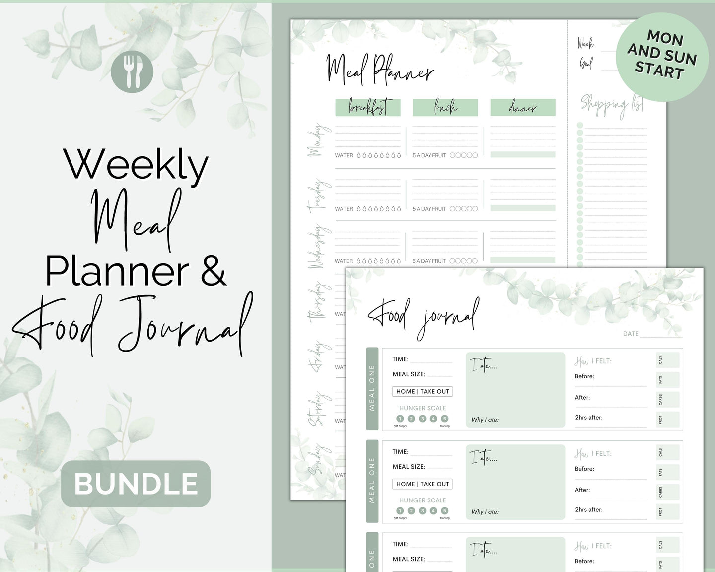 Meal Planner BUNDLE | Weekly Food Diary, Meal Tracker Printable & Daily Food Journal | Green Eucalyptus