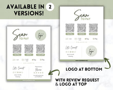 Load image into Gallery viewer, Scan to Pay Sign Shop Logo Editable Sign | QR Code Payment Sign for Small Businesses | Brit Green
