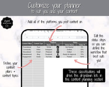 Load image into Gallery viewer, Social Media Content Calendar | Google Sheets Content Planner, Social Media Manager Spreadsheet for Instagram, YouTube, TikTok Influencers | Mono
