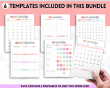 Load image into Gallery viewer, No Spend Challenge BUNDLE | Printable 30 day, 60 day, 90 day Savings Challenge &amp; Monthly Spending Tracker | Pastel Rainbow
