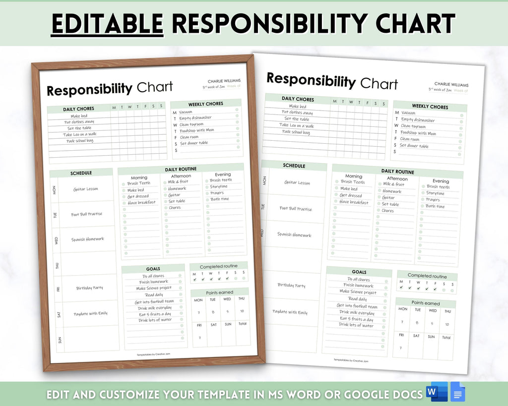 Printable Routine Responsiblity Chat EDITABLE Responsibility Chart | Family Chore Chart & Weekly Routine