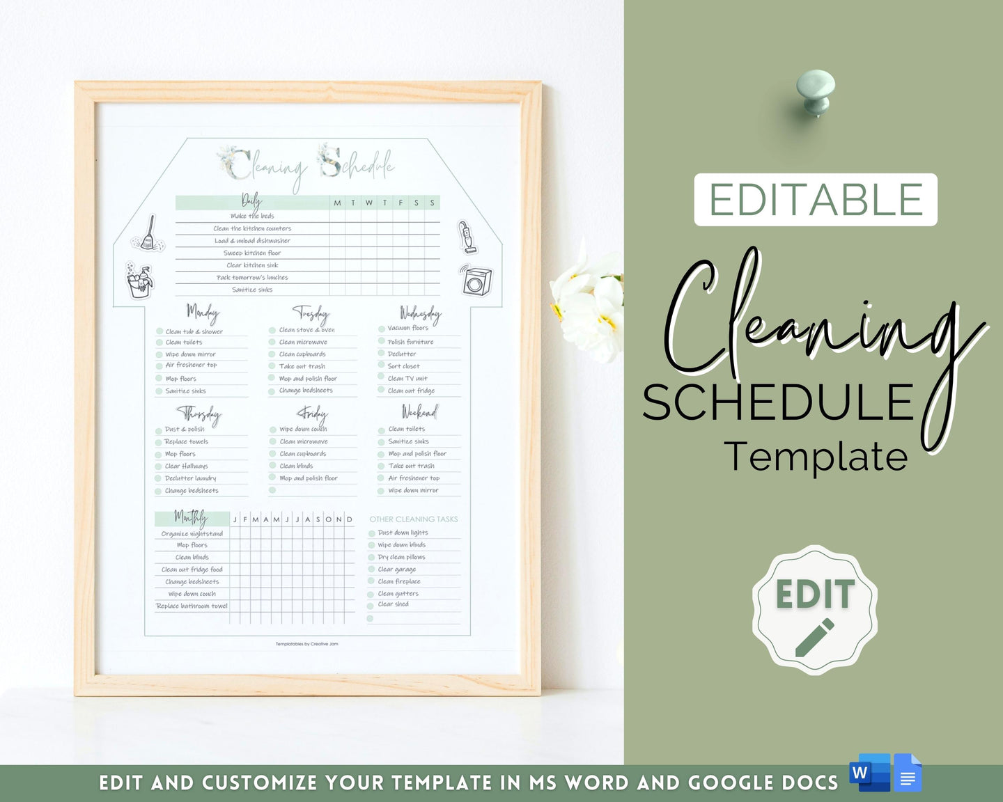 Editable House Shape Cleaning Schedule & Housekeeping Checklist for House Chores | Green
