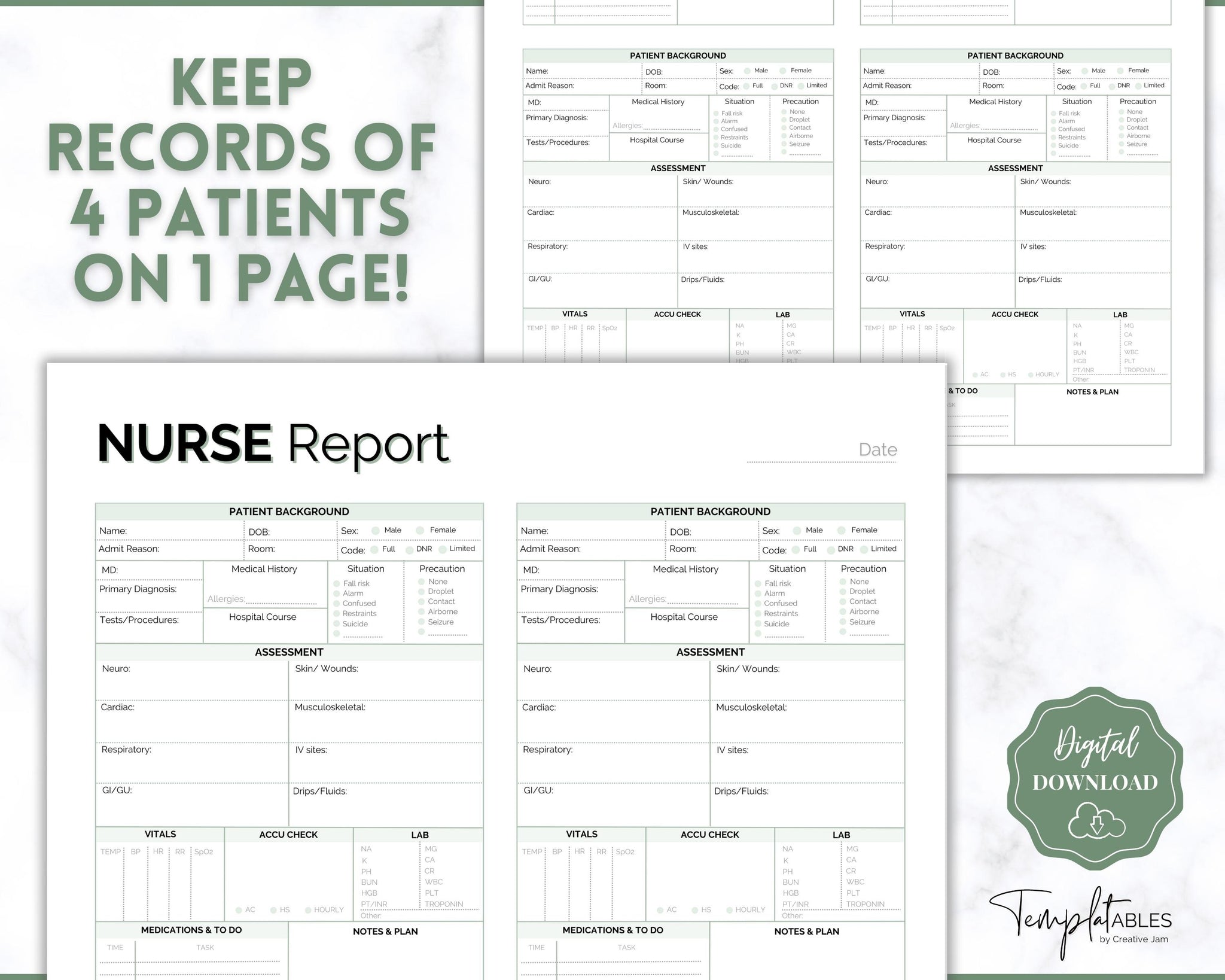 4 Patient Nurse Report Sheet to Organize your Shifts | Green